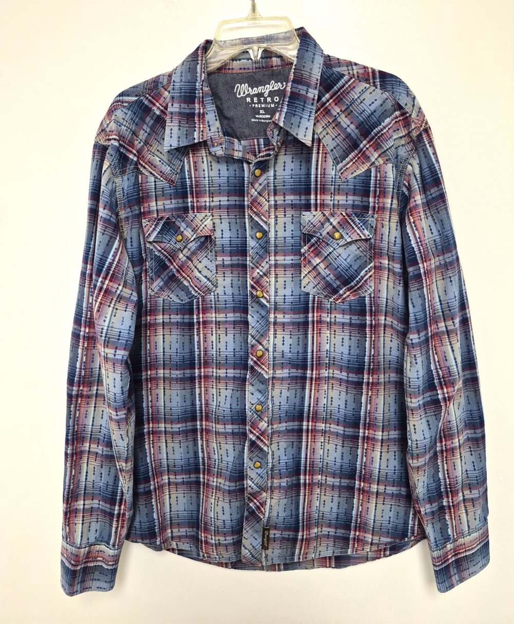 Wrangler Retro Premium Plaid Long Sleeve Button-Up Shirt Pockets sz XL MVR328M